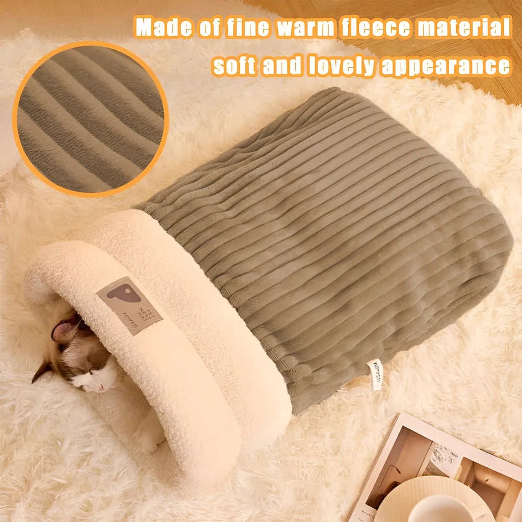 Brown semi-enclosed cat sleeping bag with lambswool lining on wooden floor