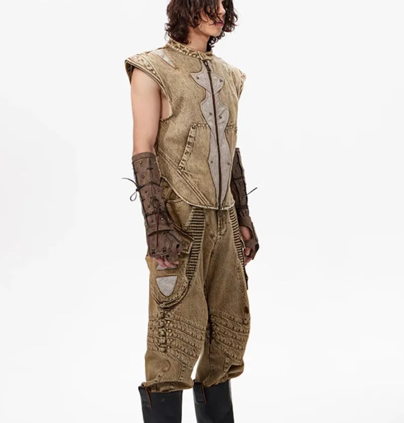 Korean style pleated denim vest for men in Picture Colour