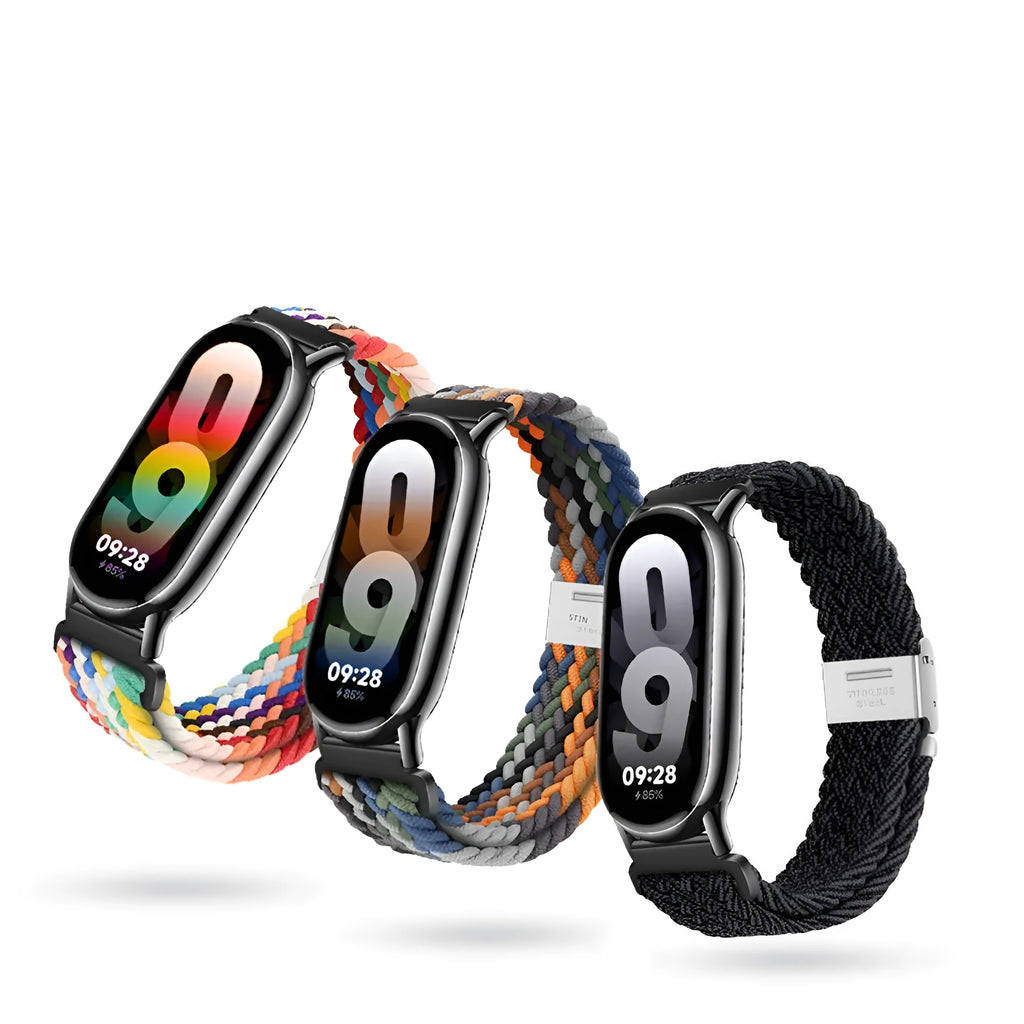 Nylon loop wristband replacement for Xiaomi Mi Band 8 with bracelet connector in silver, black or rose gold