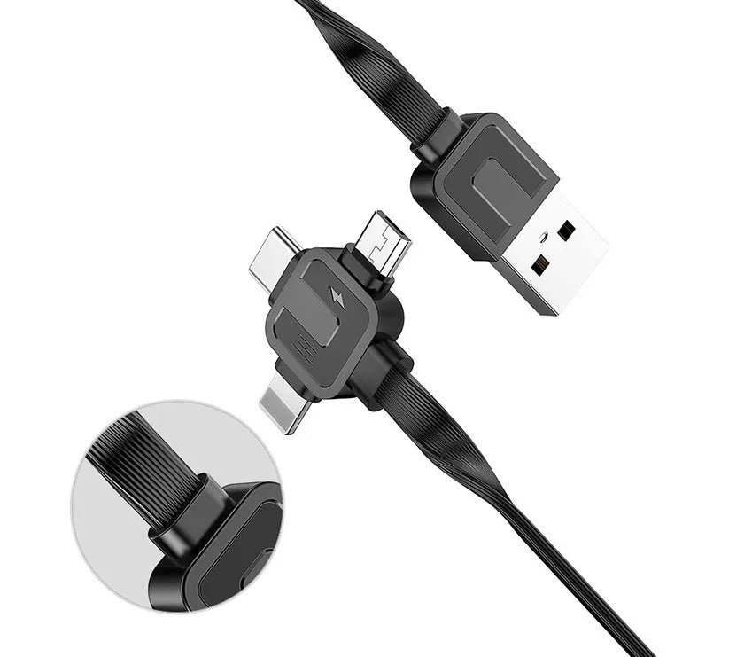 Telescopic three-in-one charging cable extended to show USB-C, Lightning and Micro-USB connectors