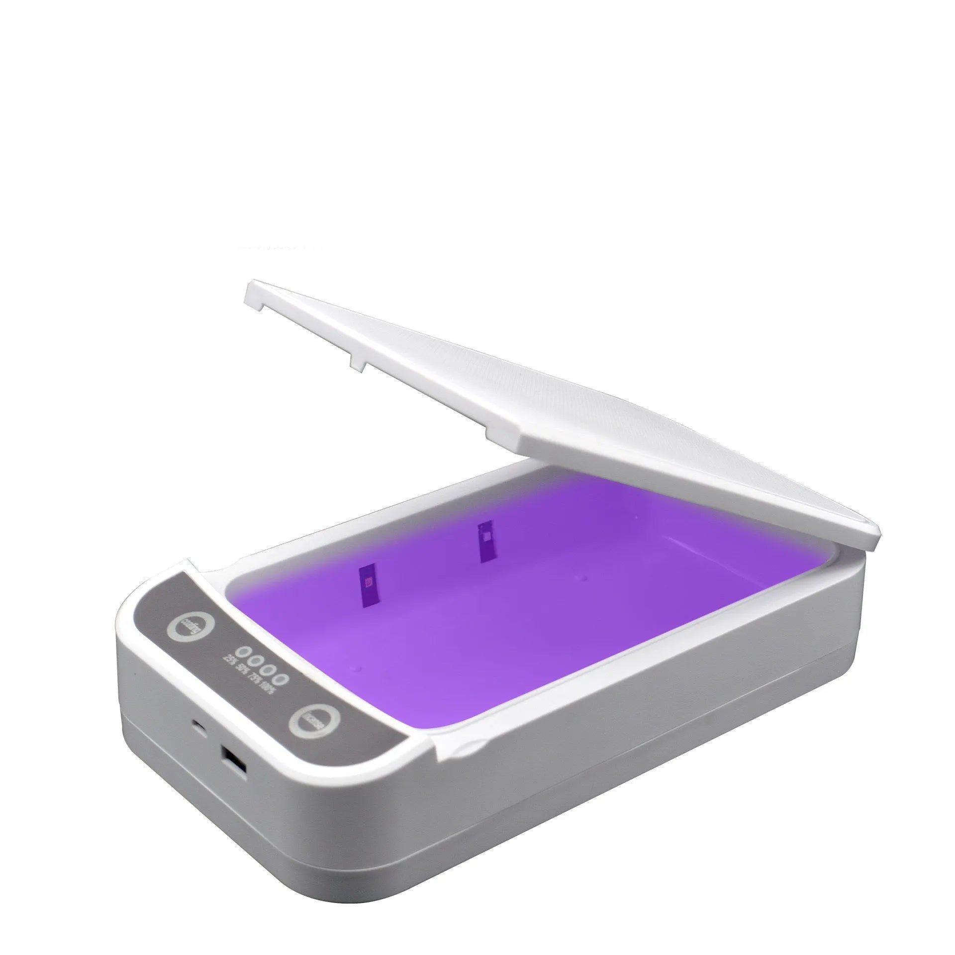 Compact UV disinfection box for sanitising mobile phones and small personal items.
