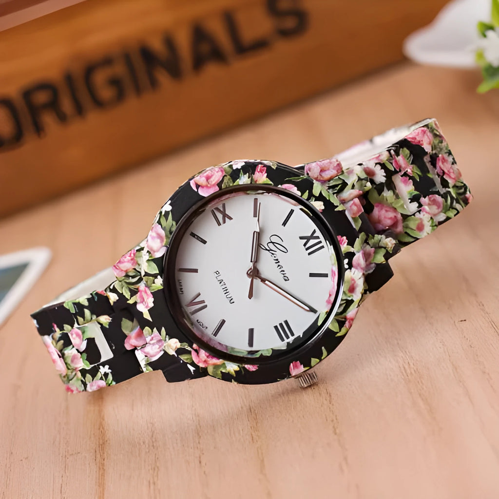 Fashion print quartz watch with white dial, resin strap, and round metal case