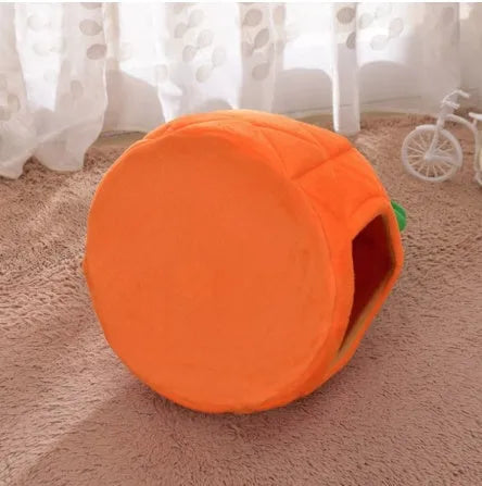 Orange pineapple trumpet pet bed in cloth, sizes S and L, with anti-slip bottom option for small pets.