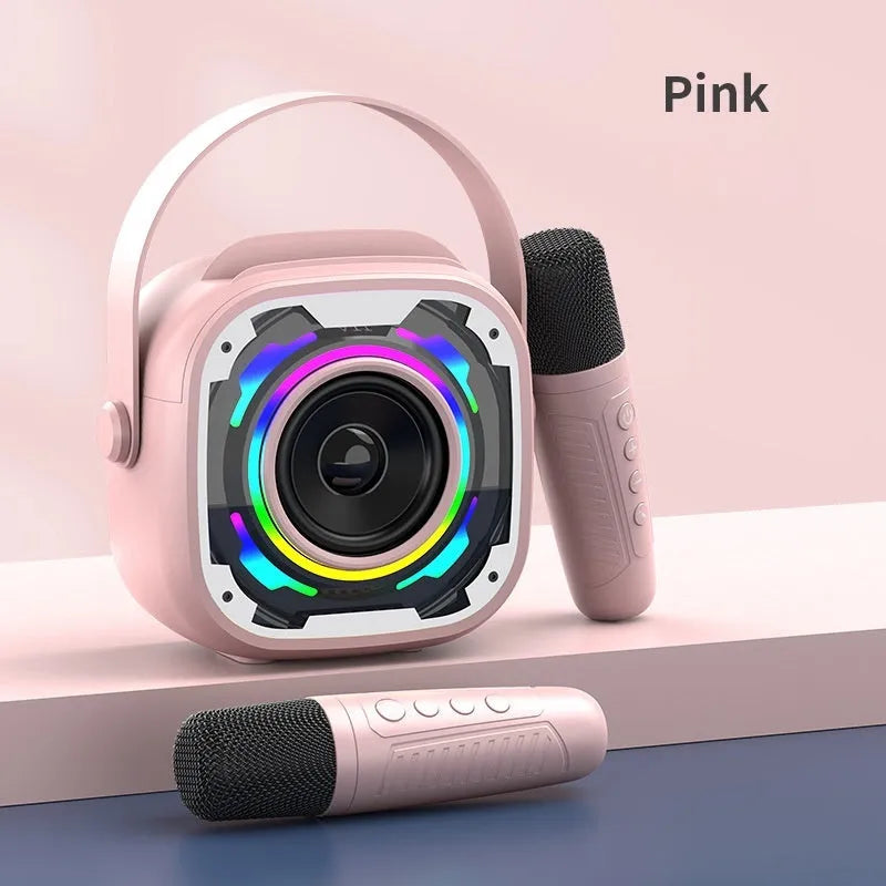 Portable wireless Bluetooth karaoke speaker in black, white, pink, or yellow colour