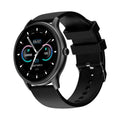 Black smartwatch with circular 1.28-inch screen and silicone strap for blood pressure and activity tracking.