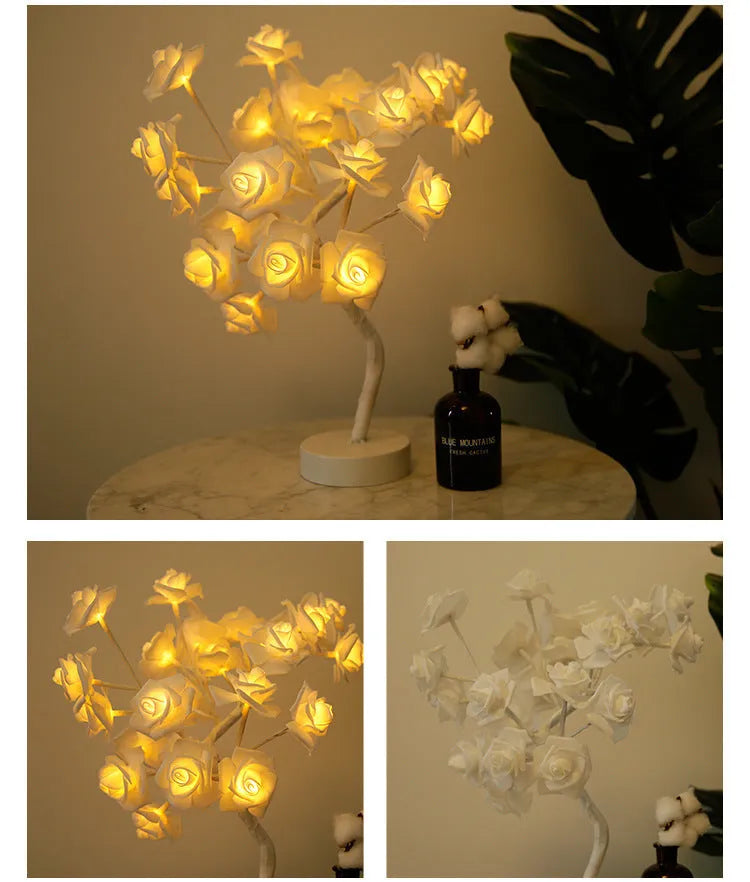 White and red rose flower LED table lamp with bonsai tree design and warm white lights