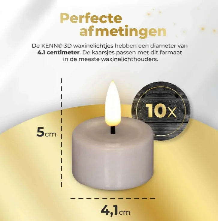 Set of four taupe coloured S10 3D flame LED tealight candles displayed together.