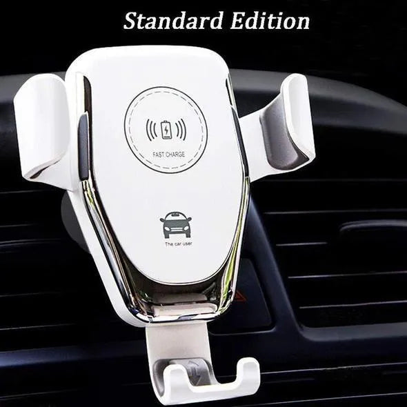 Black car wireless charger mounted on ventilation vent with iPhone Xs charging automatically