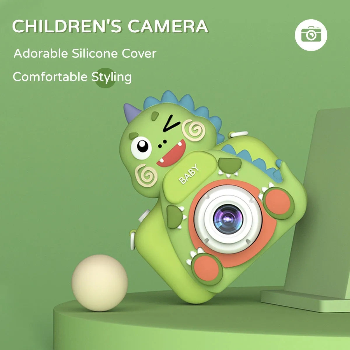 Children's mini cartoon camera digital toy with silicone body, 10.4x8.6x4.6cm, Big Head Dinosaur and Big Head Rabbit Blue options