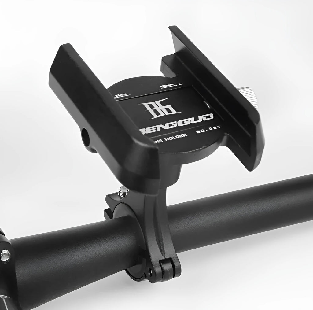 CNC aluminium bicycle phone holder mounted on handlebar with mobile phone