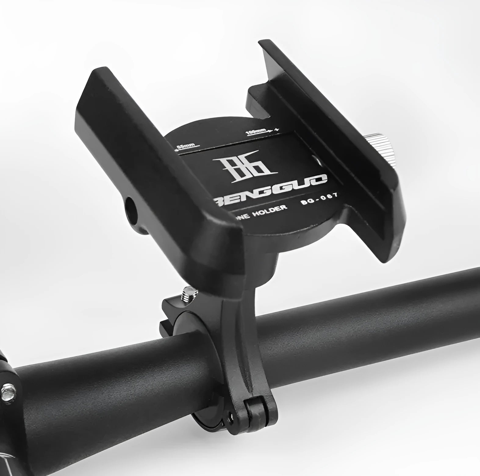 CNC aluminium bicycle phone holder mounted on handlebar with mobile phone