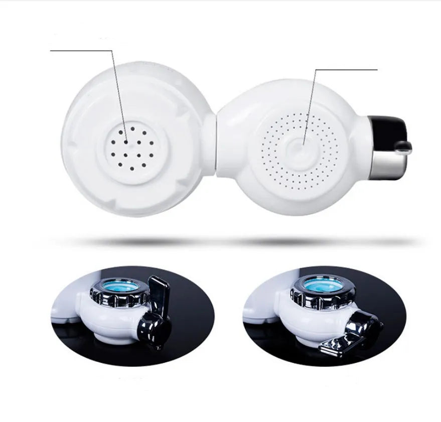 White plastic faucet water purifier with ceramic filter cartridge mounted on kitchen tap