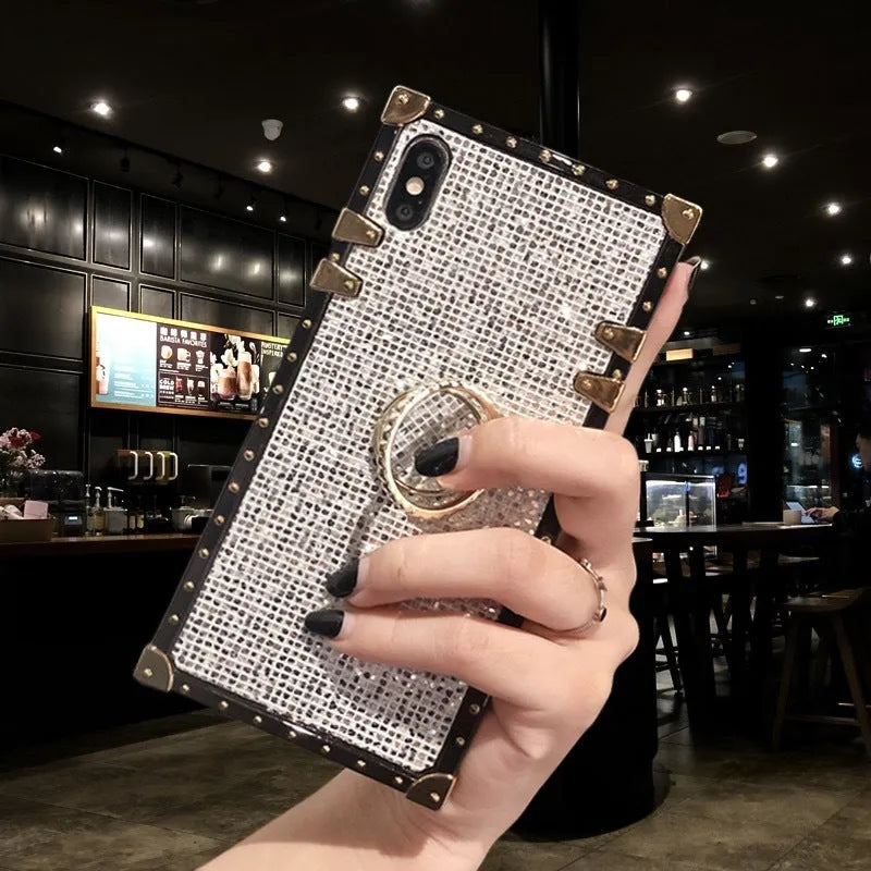 Square TPU mobile phone case with flash diamond bracket in gold, grey, red, and silver colour options