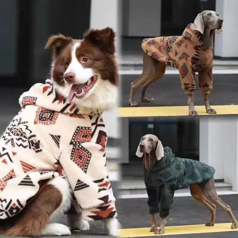 Thick arctic fleece winter coat for large dogs in beige apricot colour on a dog