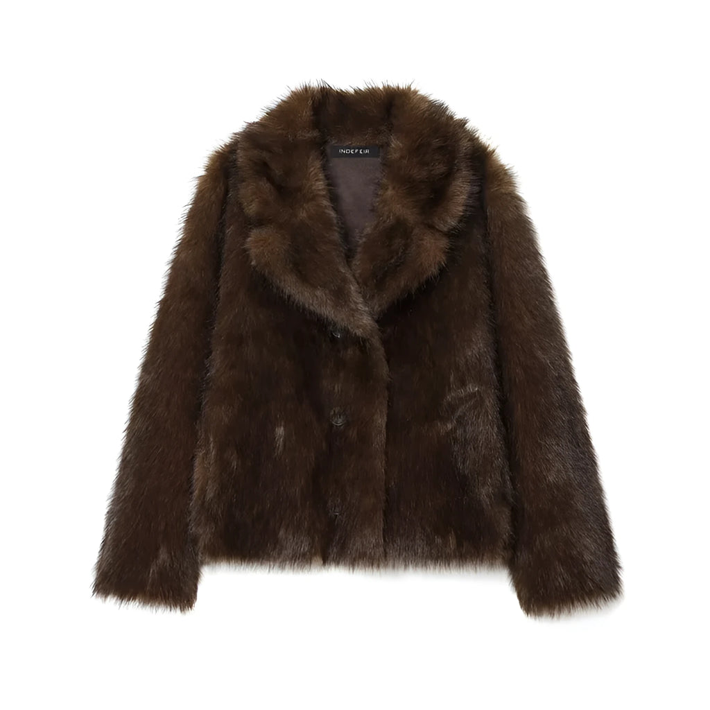 Women's double-sided artificial fur jacket coat in brown with faux fur collar, long sleeves, regular length.