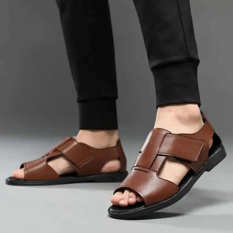 Men's black leather Roman sandals with open toe design and rubber sole
