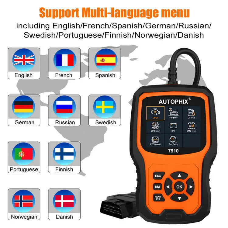 Autophix 7910 handheld automotive diagnostic scanner and OBD2 fault code reader.