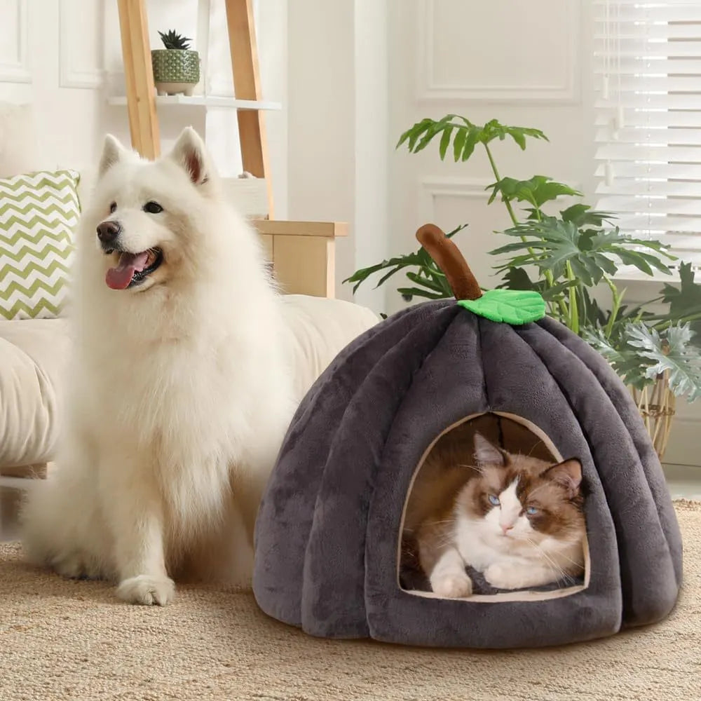 Pumpkin-shaped cat bed cave house with plush interior and anti-slip rubber base