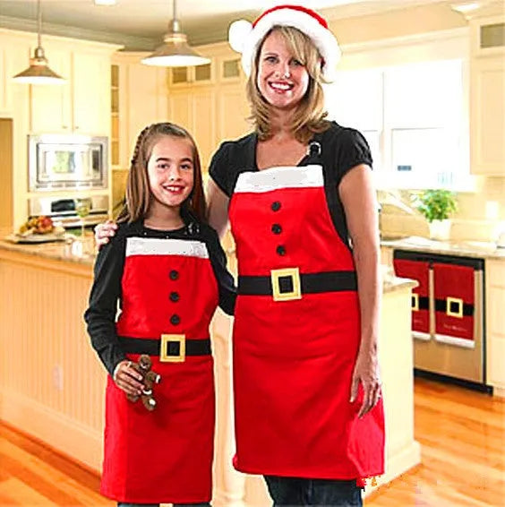 Red Christmas-themed kitchen apron shown in adult and children's sizes