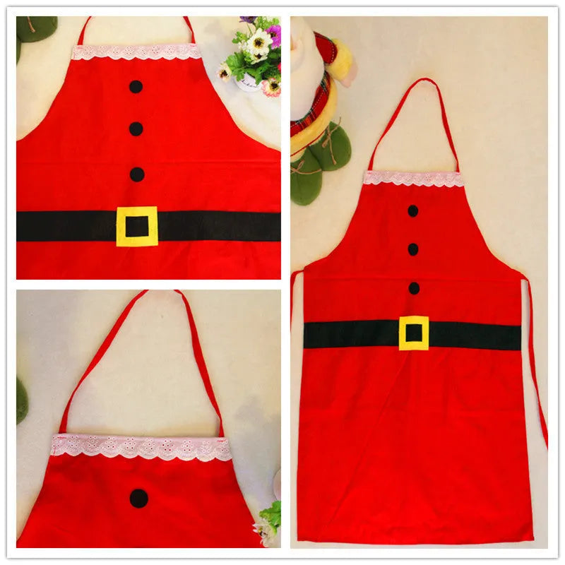 Red Christmas-themed kitchen apron shown in adult and children's sizes