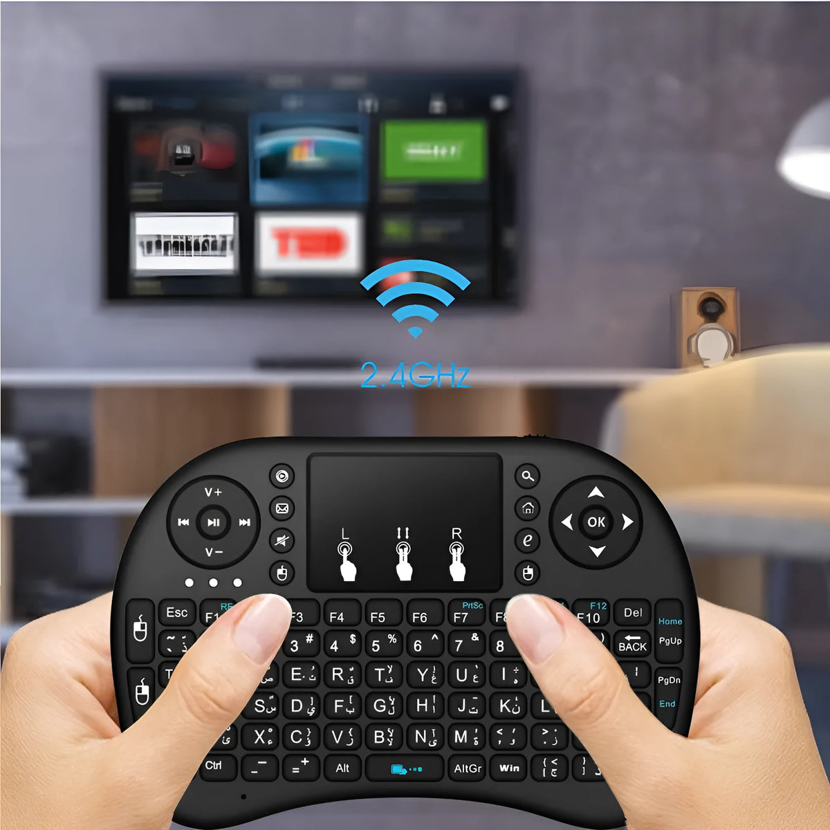 Black 2.4G wireless mini keyboard with touchpad, up to 92 QWERTY keys, dual mouse buttons, 14.6 x 97.5 x 19mm
