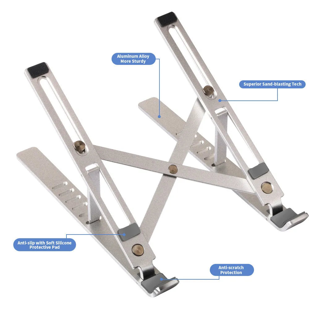 Silver aluminium laptop stand with six height positions beside a black laptop