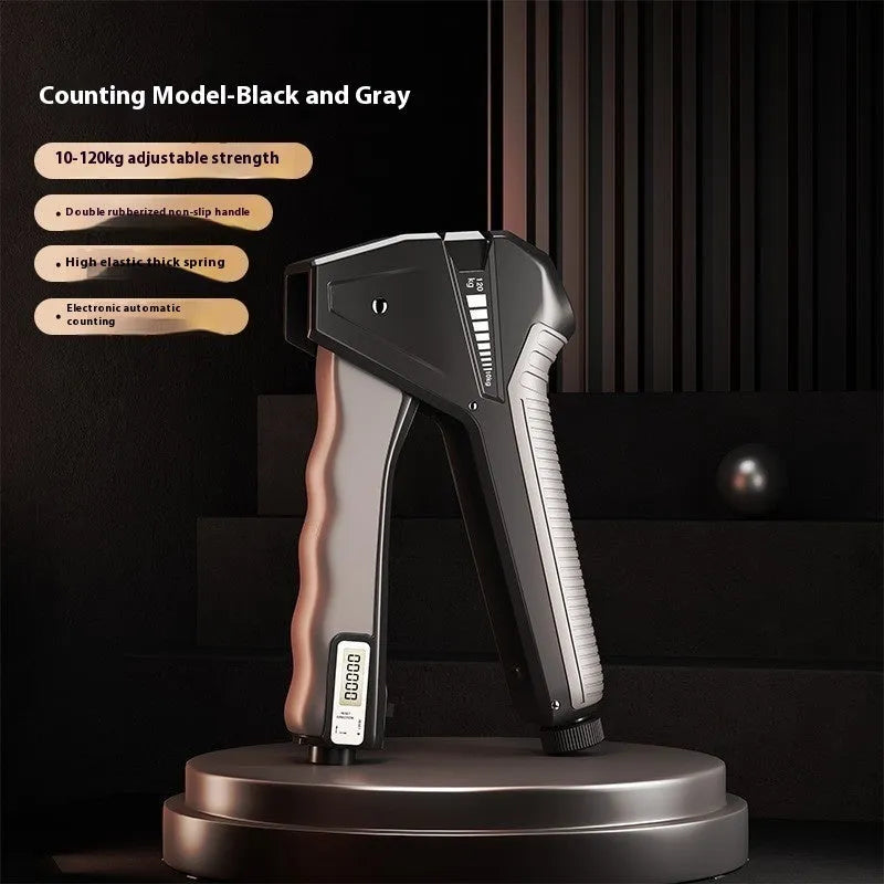 Adjustable grip strength trainer with mechanical force counter display showing resistance level