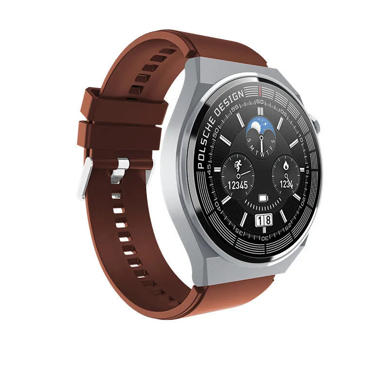 Bluetooth smart watch with 1.35 inch screen showing heart rate monitoring, silicone strap, black colour