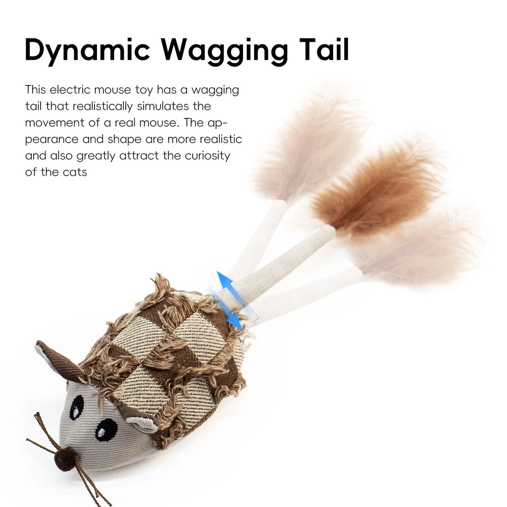 Electronic motion cat toy with mouse design and feather component in blue colour