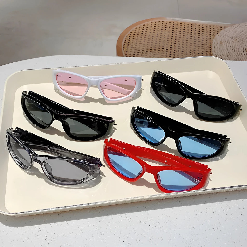 Polycarbonate sunglasses with special-shaped mirror lenses in multiple colour frame options.