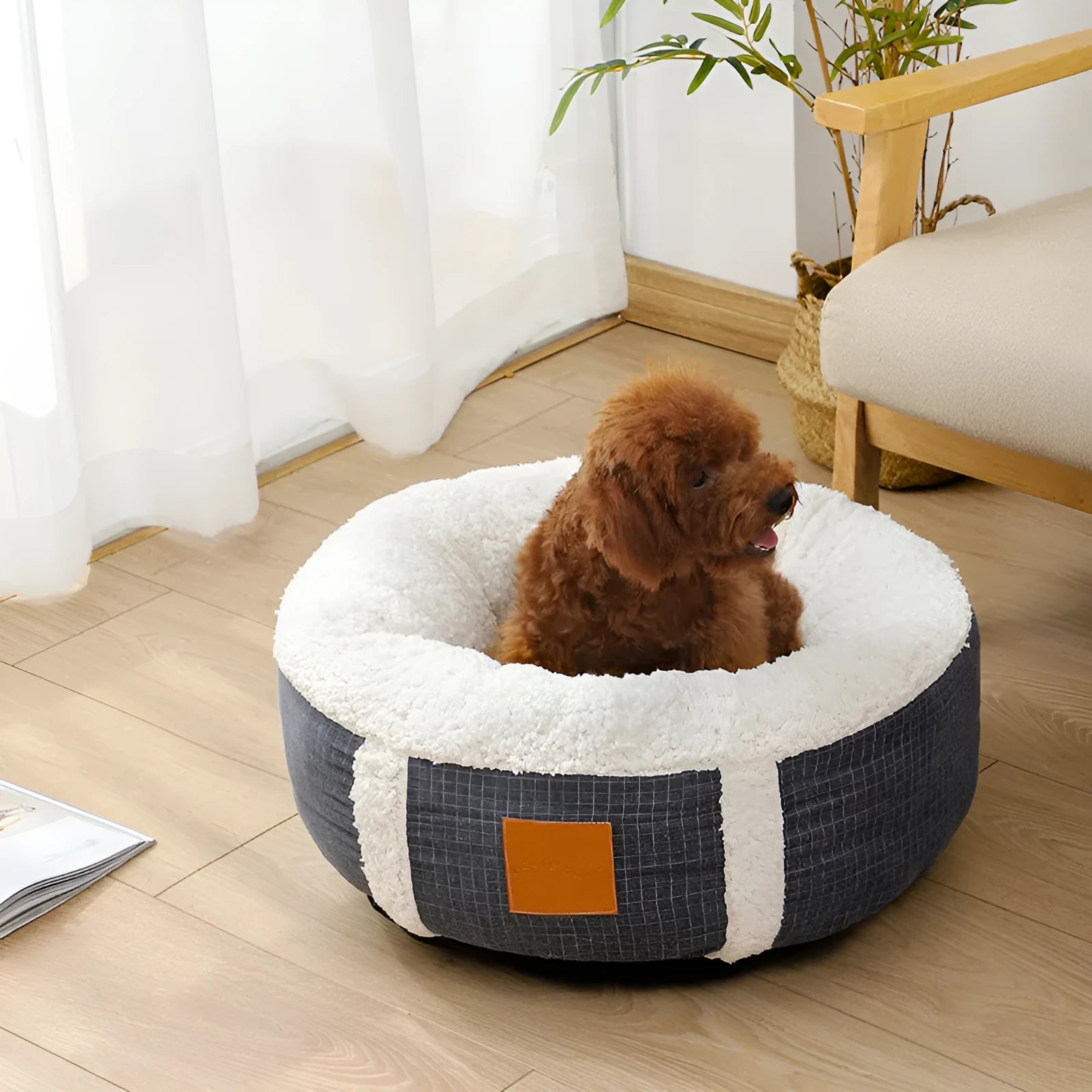 Winter super soft warm pet bed with lamb wool fabric and raised rim, available in 4 colours and sizes 40-80cm