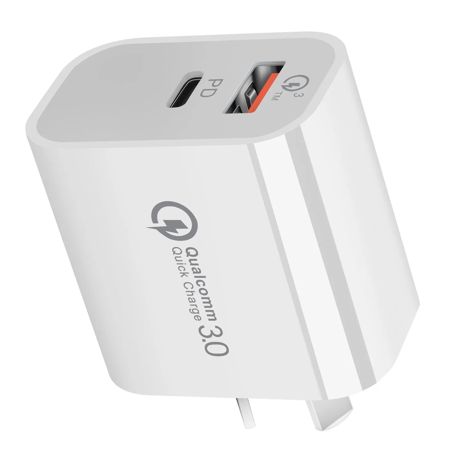 White Australian dual USB wall charger with Type-A and Type-C ports measuring 63x40x22mm