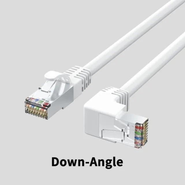 Cat6 Ethernet cable with a right-angle black RJ45 connector alongside cables in white, red, and yellow.
