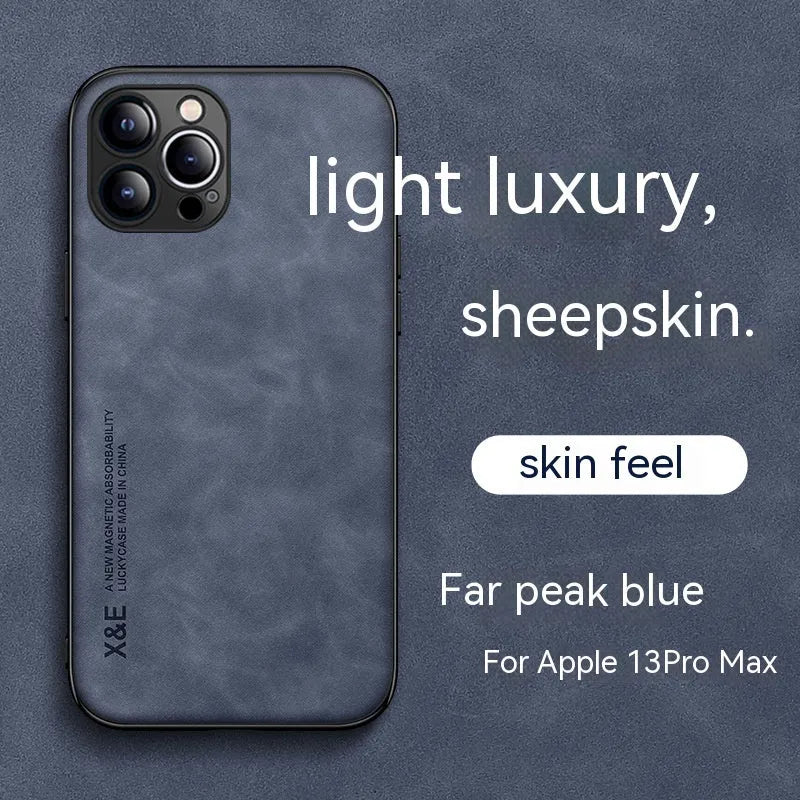 Magnetic lambskin iPhone case with simple text design, anti-fall protection, available in four colours