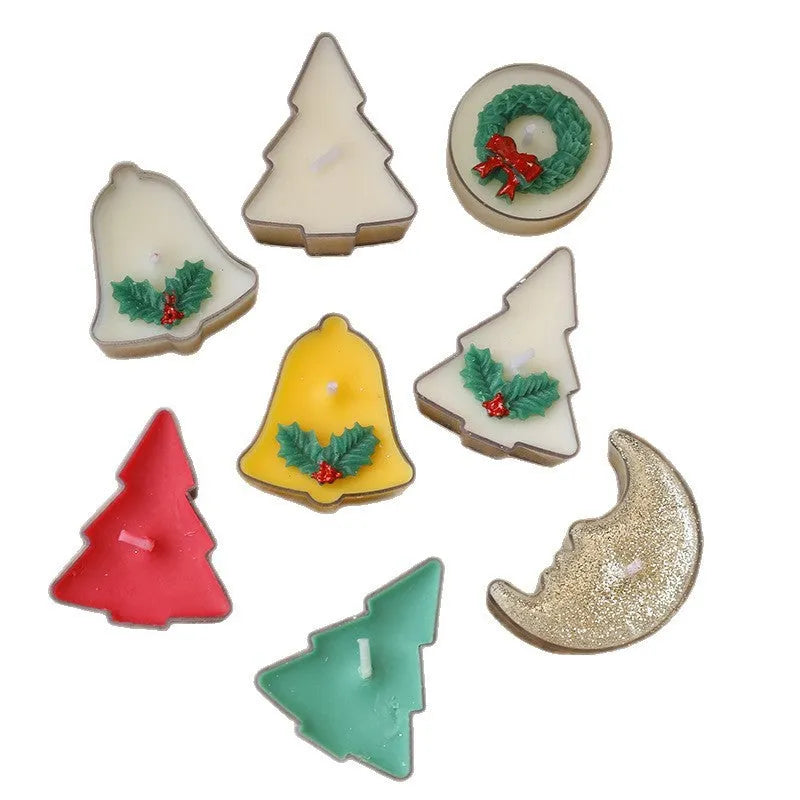 Hand-poured Christmas tea wax candle in cup shape with soy wax blend, available in tree, bell, moon, and leaf designs.