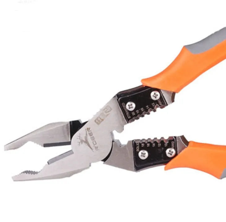 Orange handled 9 inch multi-function wire cutter pliers with alloy steel jaws.