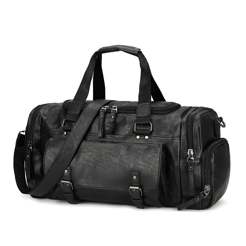 Large black PU travel bag with a separate shoe compartment, shown with dimensions 52cm by 19cm by 27cm.