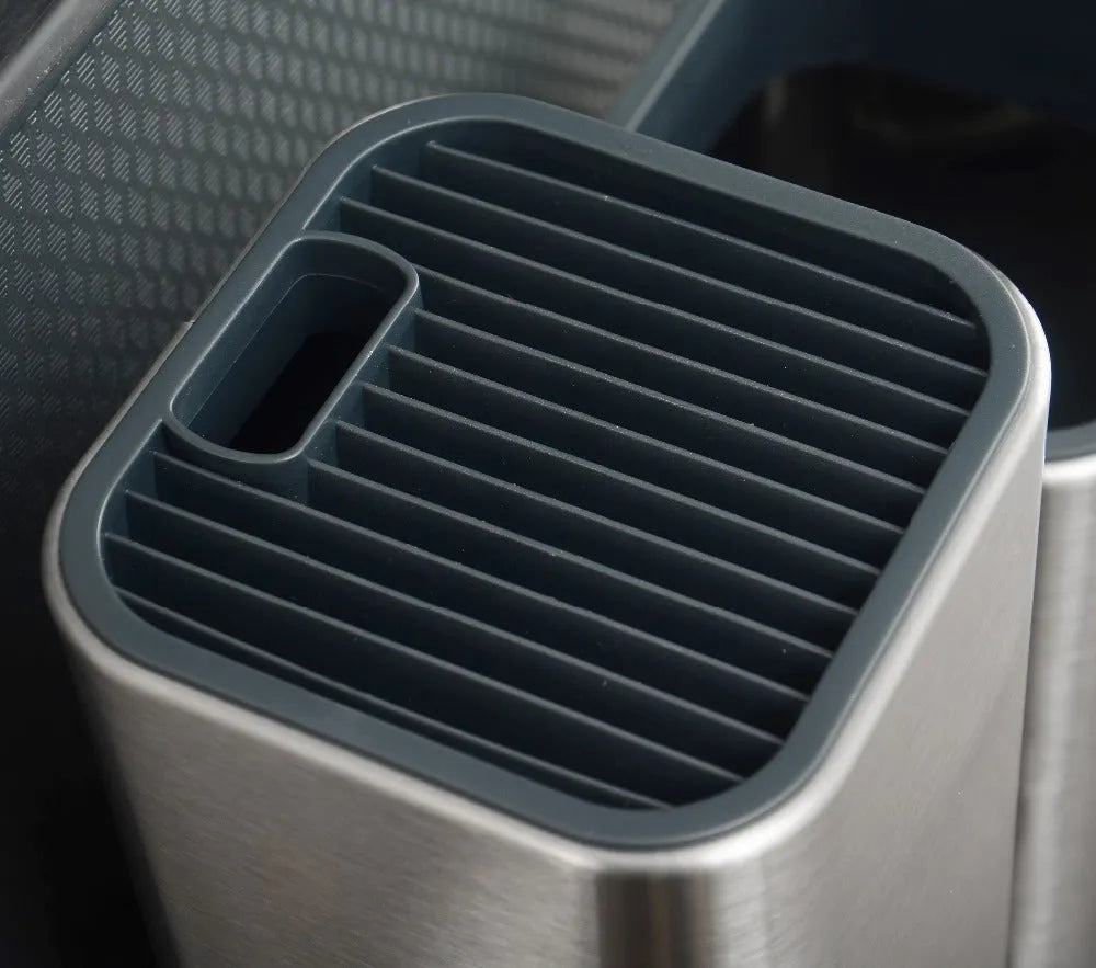 Stainless steel kitchen tool holder with detachable base, storing knives and utensils