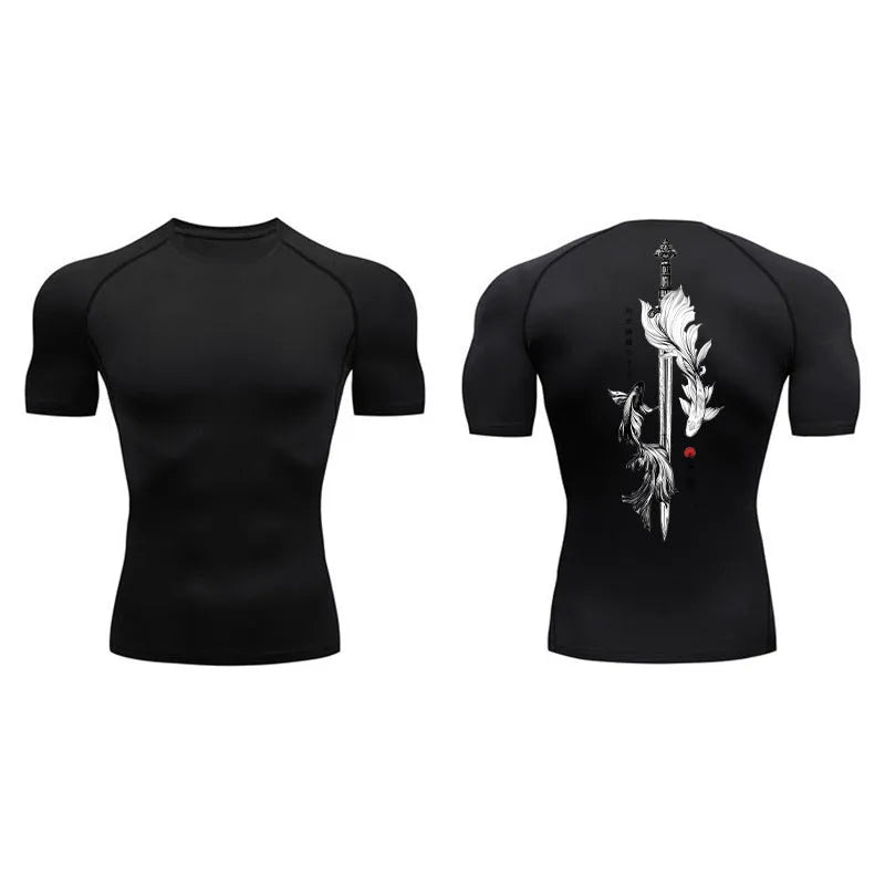 Man wearing a loose-fit short sleeve black shirt with a large white sword graphic print on the front.