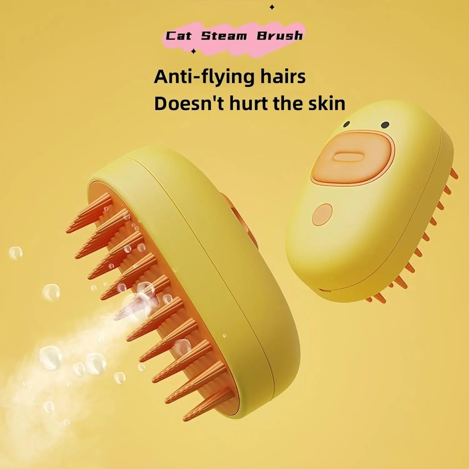 White rechargeable silicone steam brush for grooming dogs and cats on a table.