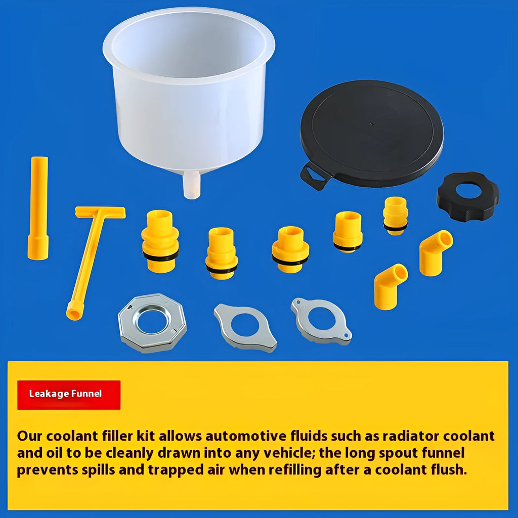 15-piece plastic funnel set in assorted colours for coolant and antifreeze automotive repair
