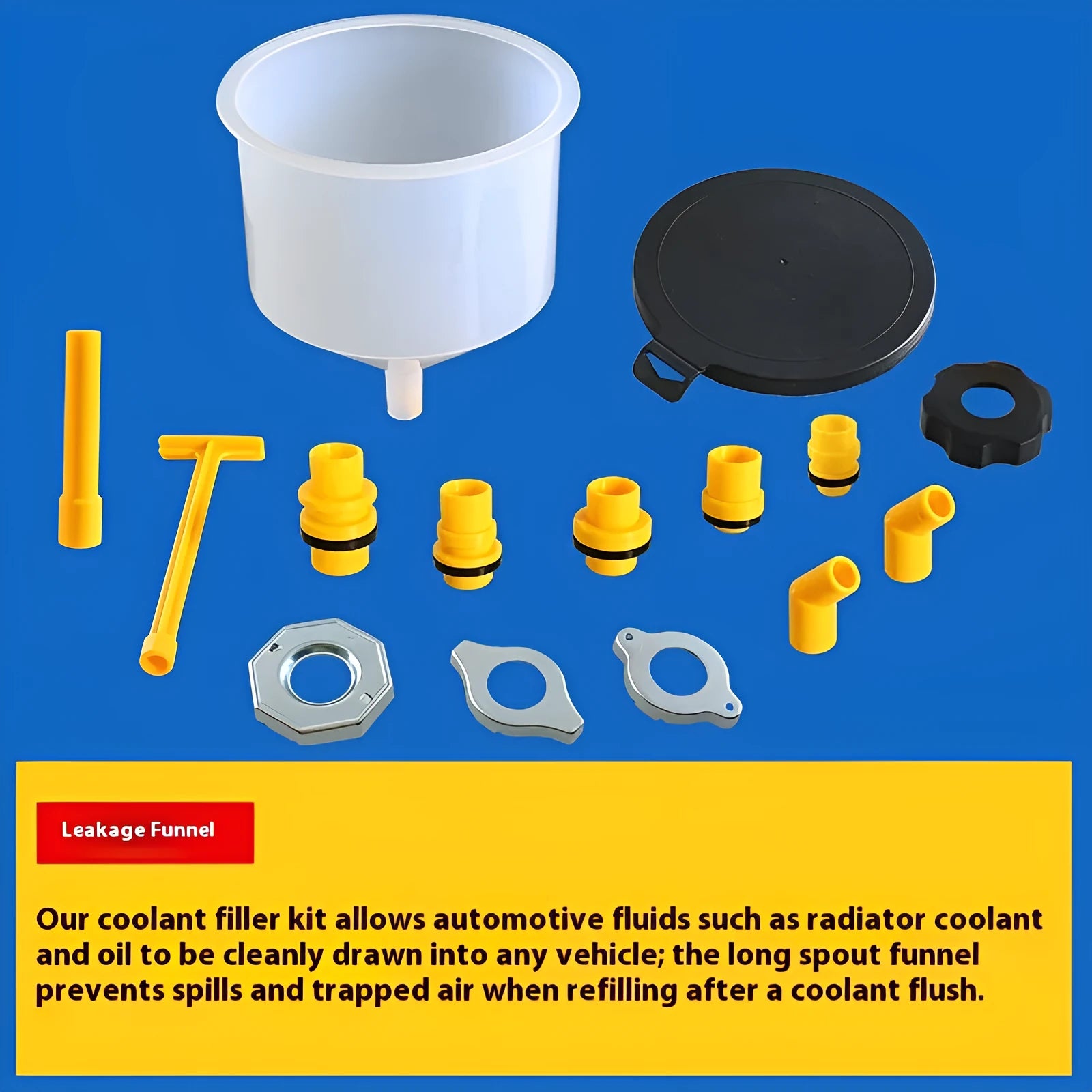 15-piece plastic funnel set in assorted colours for coolant and antifreeze automotive repair