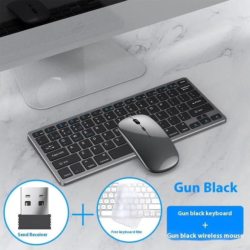 Black ultra-thin rechargeable wireless keyboard and photoelectric mouse combo set with USB receiver on a desk.
