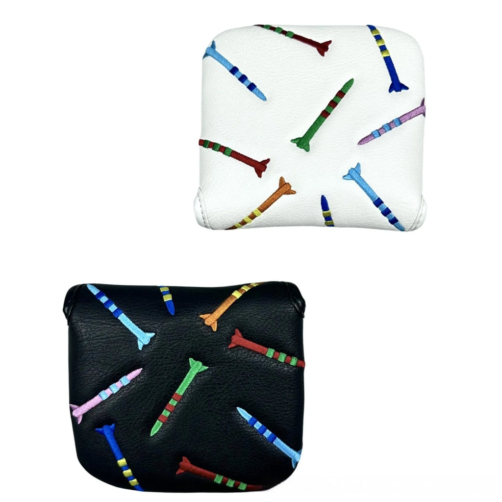 Square black golf putter protective sleeve with white rocket pattern design.