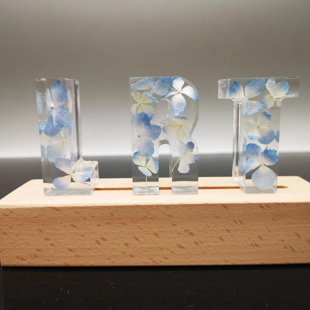 Dried flower English alphabet night light base table in white crystal epoxy resin