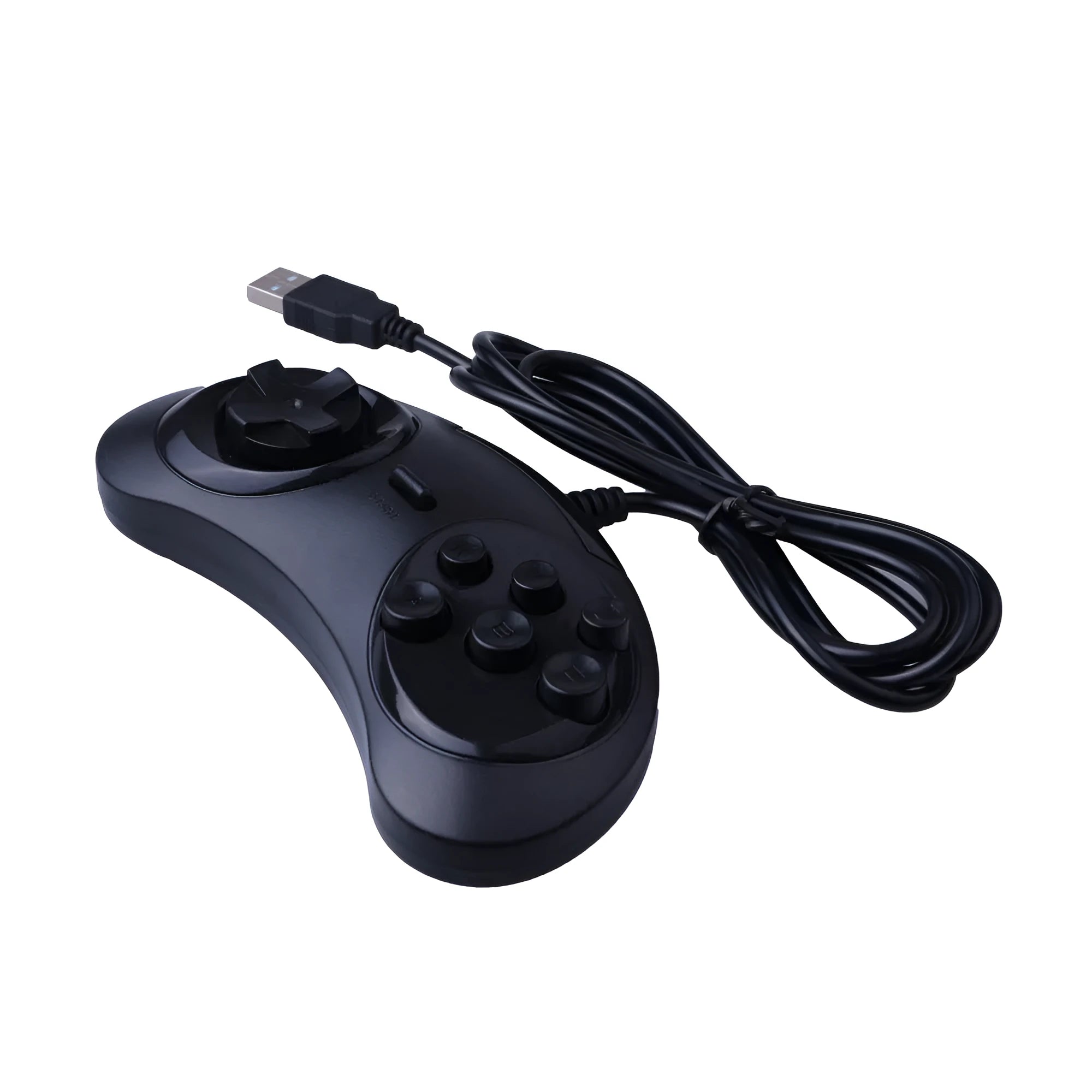 Black Sega USB wired game controller for PC on a plain background.