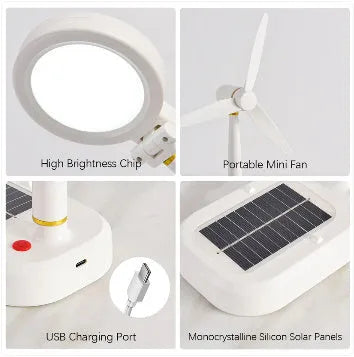 Ivory white solar charging table fan with integrated LED study lamp on a desk