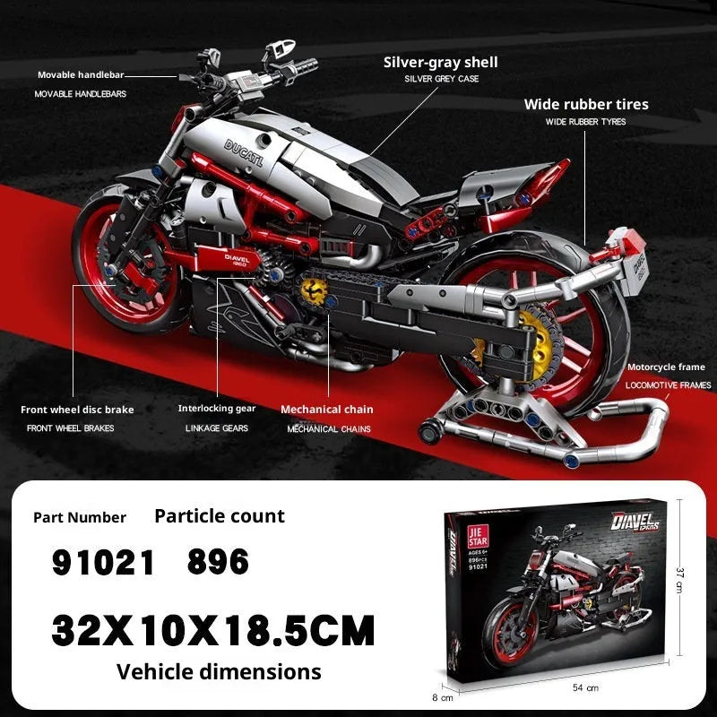 Motorcycle model ornament made from children's sectional building blocks in colour 1021, size 32x10x8.5cm