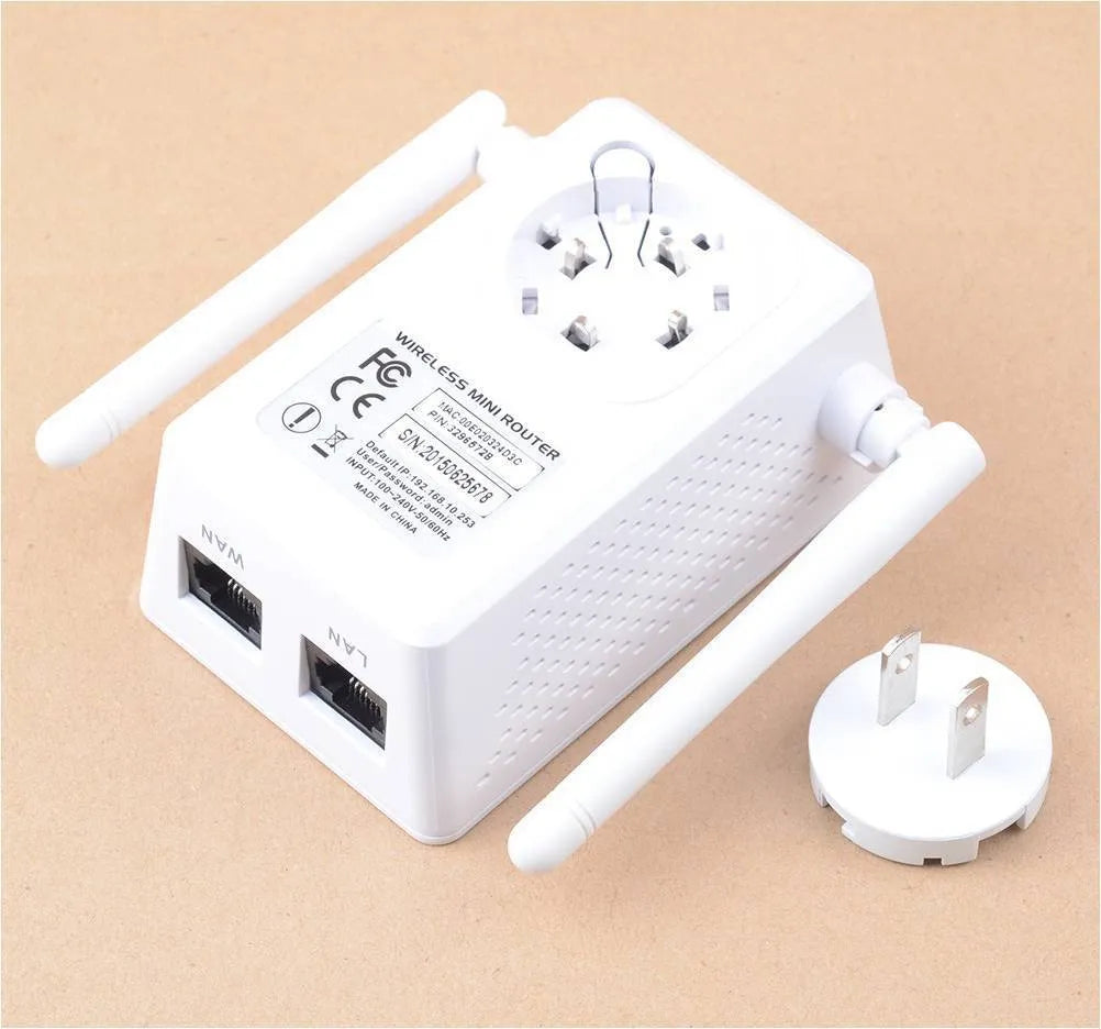 Dual antenna dual network port WiFi repeater with RJ-45 cable for home or hotel network extension