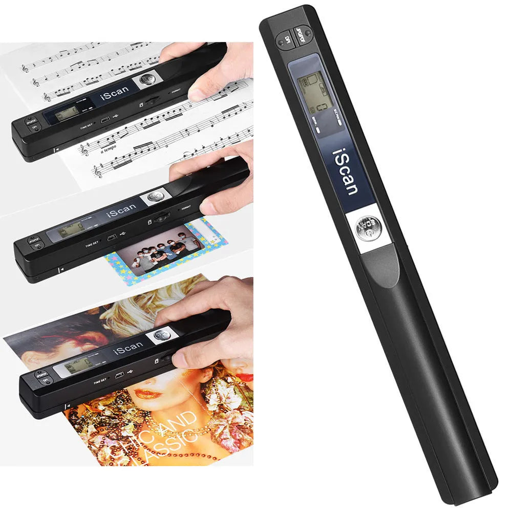 Handheld USB scanner in five colour options: black, blue, green, red, and silver with plastic housing